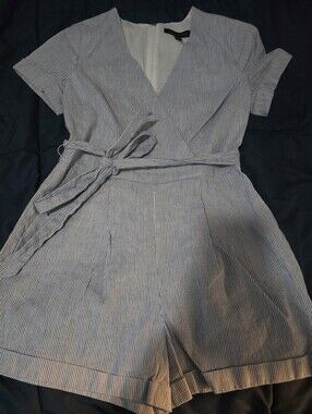 Banana Republic Blue & White Pinstripe Wrap Romper